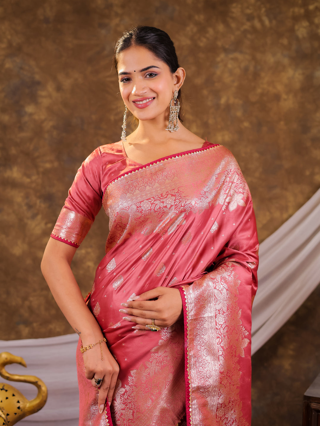Rose Pink Kanjivaram Banarasi Satin Silk Saree with Silver Zari Weaving, Floral Woven Border, Rich Designer Pallu & Tassels