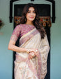 Beige Mauve Handloom Cotton Saree with Subtle Ramayan Print and Heritage Motif Pallu