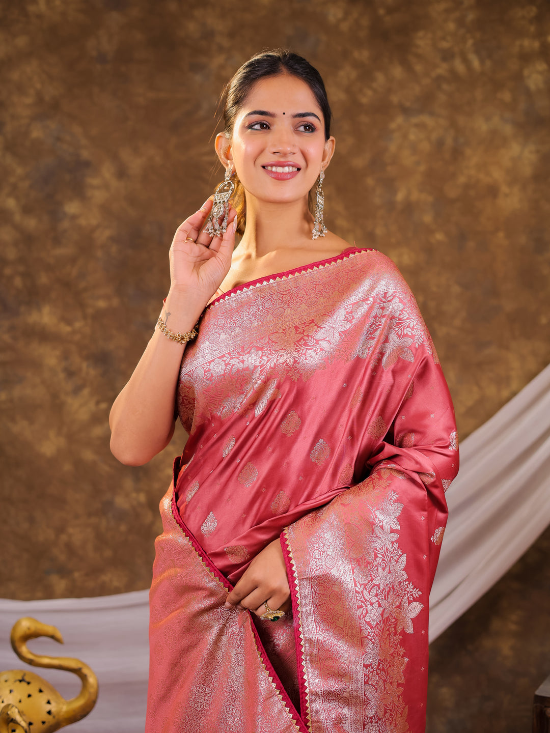Rose Pink Kanjivaram Banarasi Satin Silk Saree with Silver Zari Weaving, Floral Woven Border, Rich Designer Pallu & Tassels