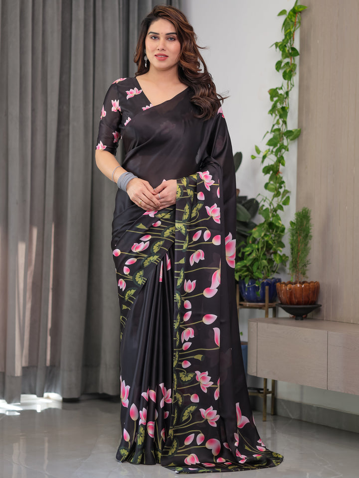 Black Satin Georgette Lotus Floral Printed Saree with Attached Blouse – Elegant Designer Saree for Festive & Evening Wear
