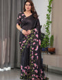 Black Satin Georgette Lotus Floral Printed Saree with Attached Blouse – Elegant Designer Saree for Festive & Evening Wear