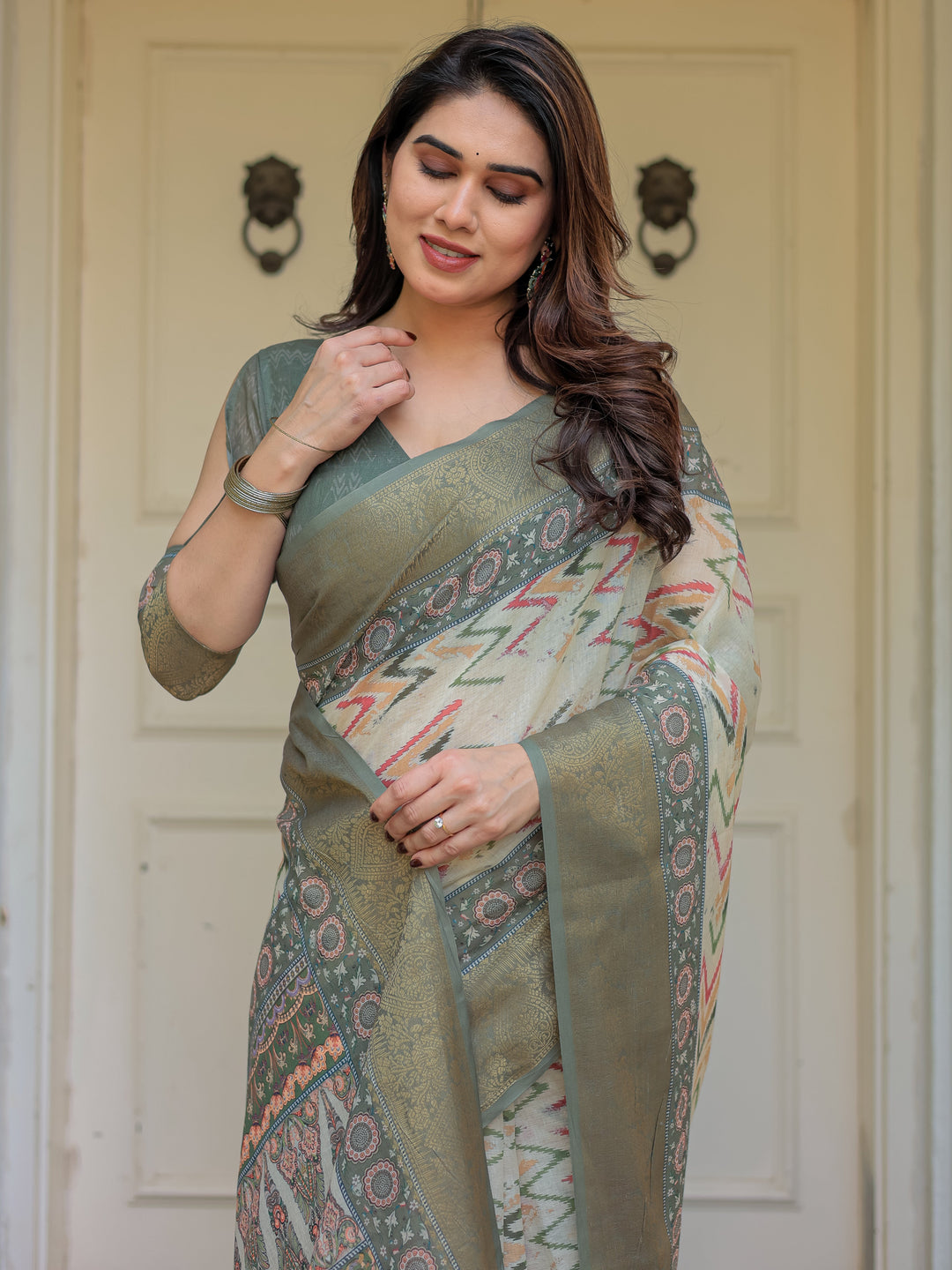 Olive Green Ikat & Ethnic Printed Handloom Cotton Saree with Rich Zari Border & Traditional Pallu