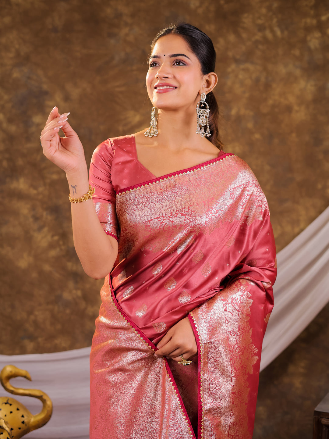 Rose Pink Kanjivaram Banarasi Satin Silk Saree with Silver Zari Weaving, Floral Woven Border, Rich Designer Pallu & Tassels