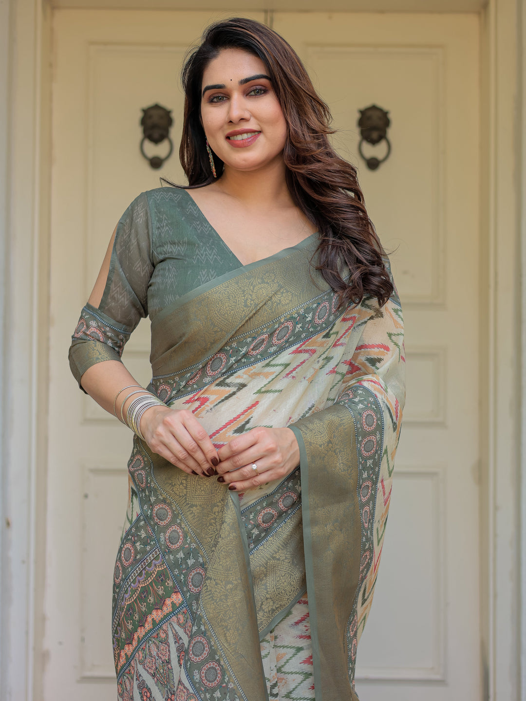 Olive Green Ikat & Ethnic Printed Handloom Cotton Saree with Rich Zari Border & Traditional Pallu