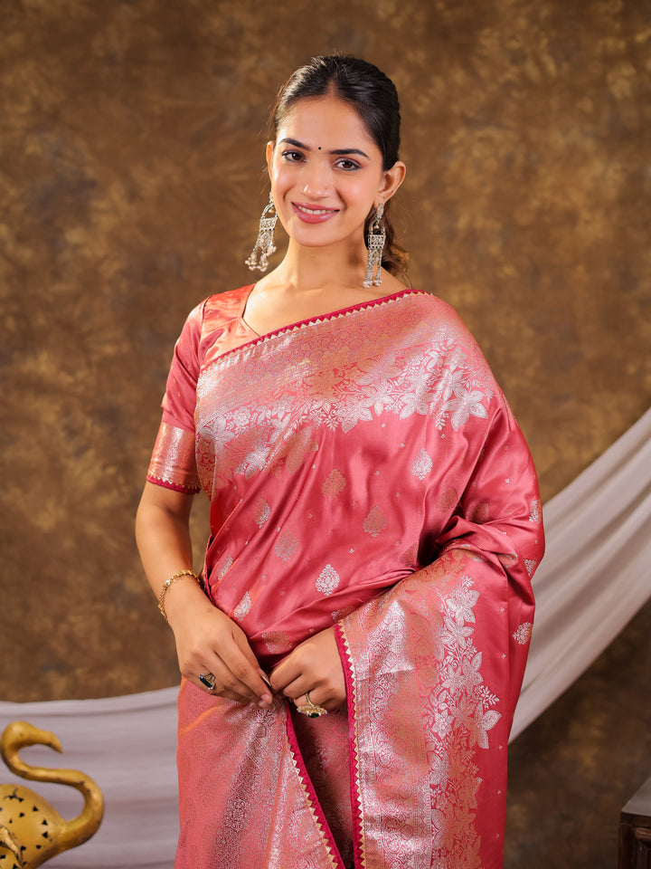 Rose Pink Kanjivaram Banarasi Satin Silk Saree with Silver Zari Weaving, Floral Woven Border, Rich Designer Pallu & Tassels