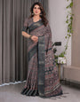 Charcoal Black Handloom Linen Saree with Traditional Ajrakh-Inspired Print & Tassels | 5.5m Saree + 0.8m Blouse Piece | Zari Border