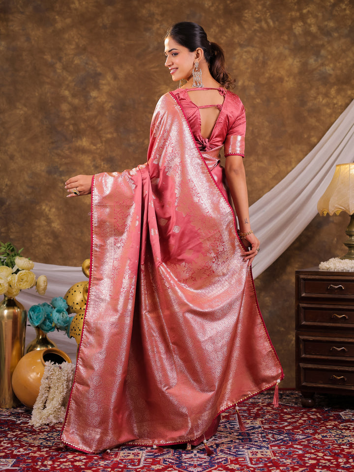 Rose Pink Kanjivaram Banarasi Satin Silk Saree with Silver Zari Weaving, Floral Woven Border, Rich Designer Pallu & Tassels