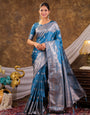 Sky Blue Kanjivaram Banarasi Satin Silk Saree with Silver Zari Weaving, Floral Woven Border, Rich Designer Pallu & Tassels