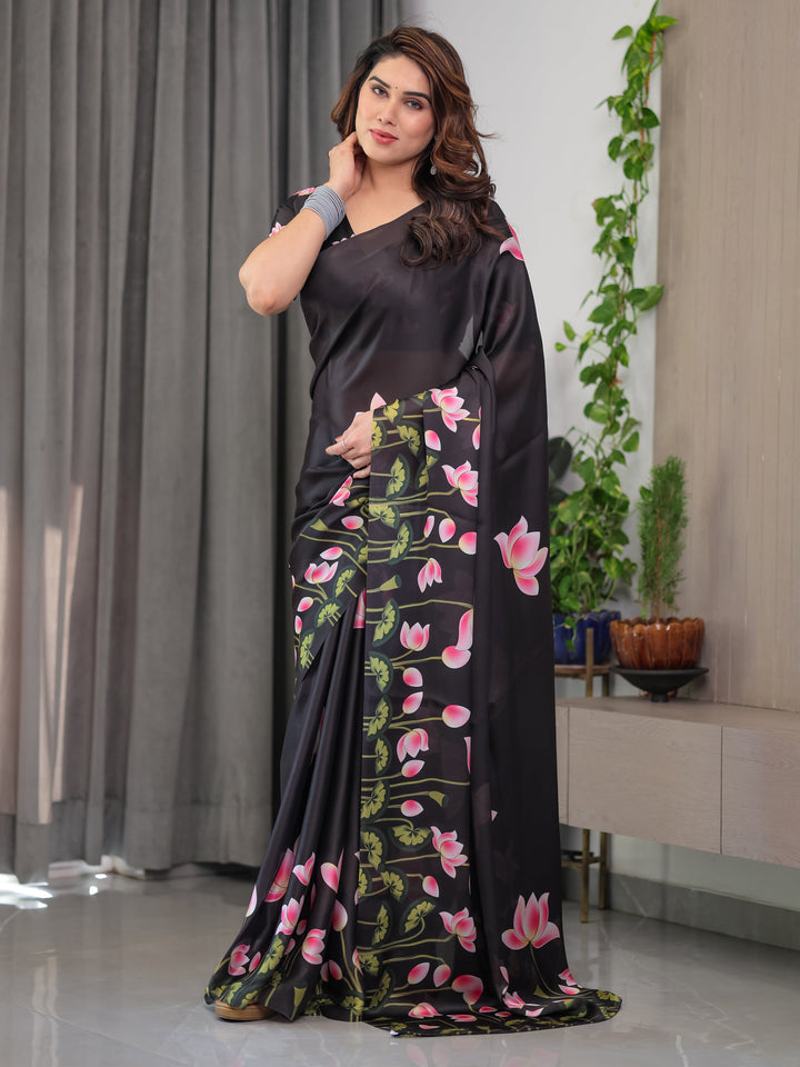 Black Satin Georgette Lotus Floral Printed Saree with Attached Blouse – Elegant Designer Saree for Festive & Evening Wear