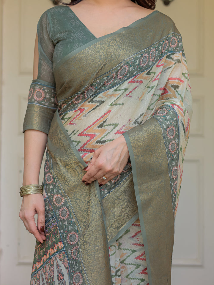 Olive Green Ikat & Ethnic Printed Handloom Cotton Saree with Rich Zari Border & Traditional Pallu