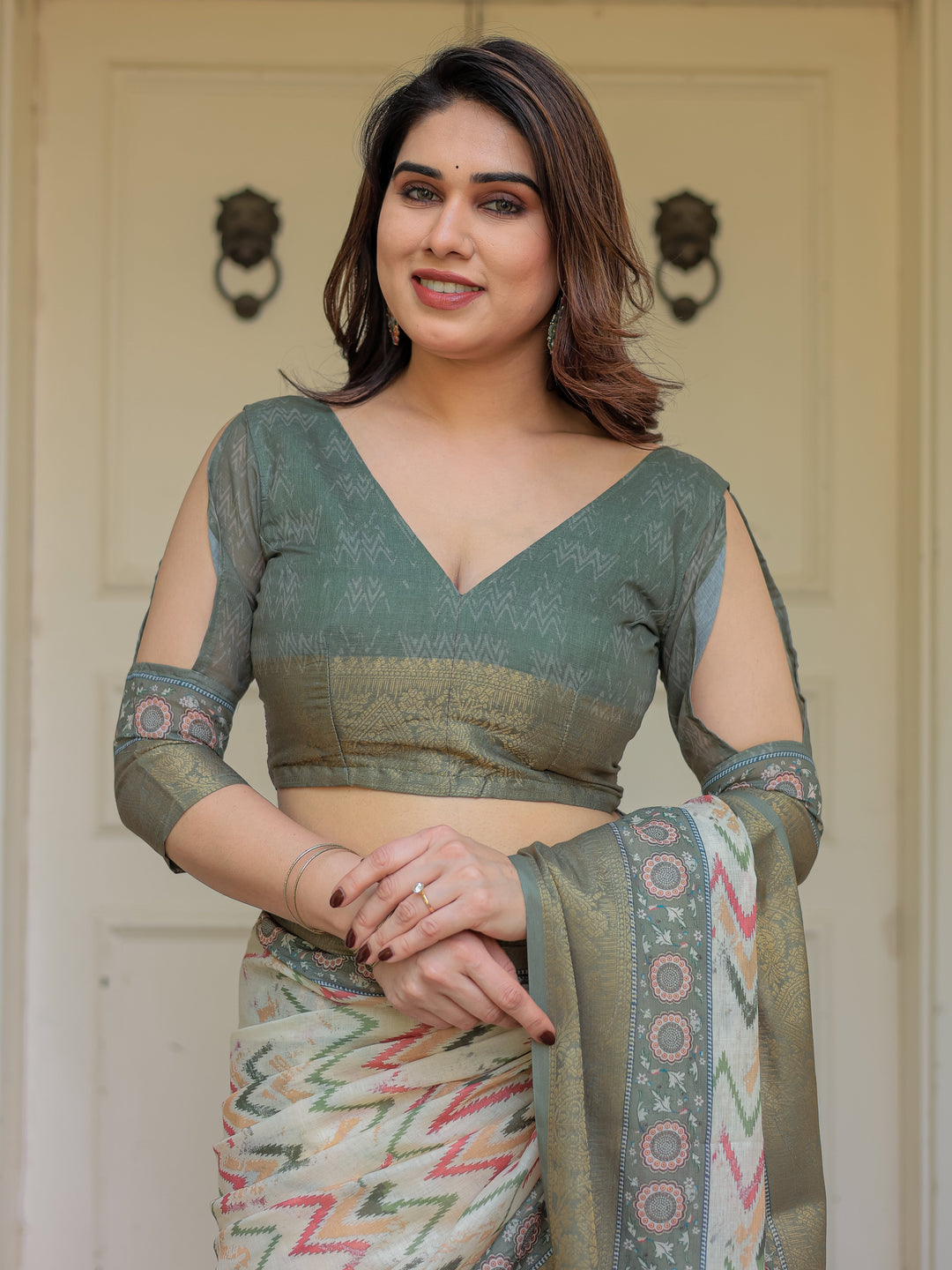 Olive Green Ikat & Ethnic Printed Handloom Cotton Saree with Rich Zari Border & Traditional Pallu