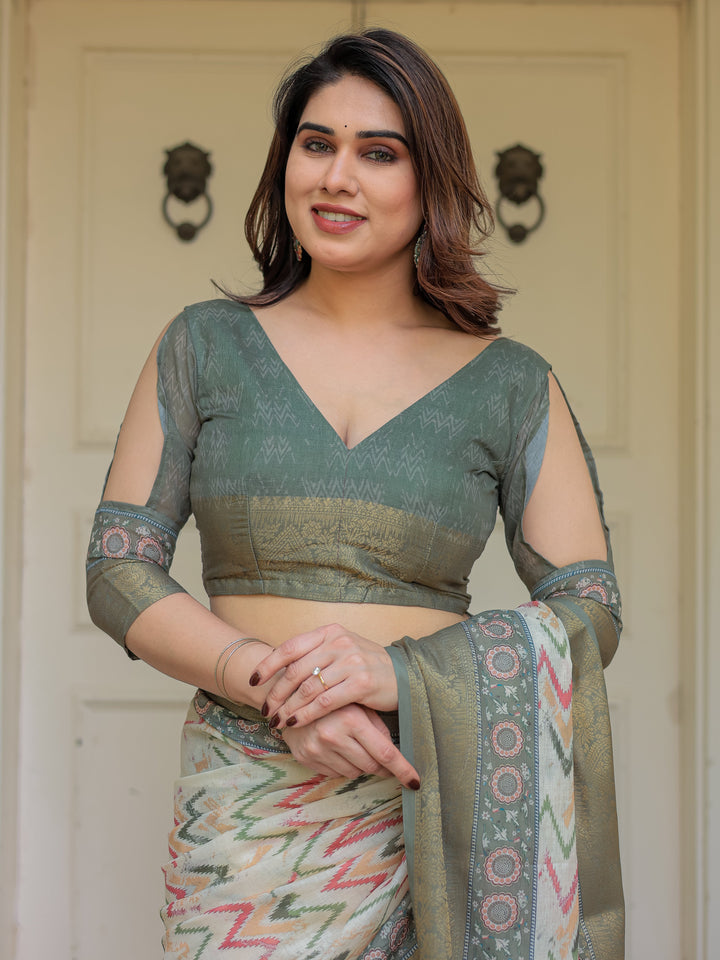 Olive Green Ikat & Ethnic Printed Handloom Cotton Saree with Rich Zari Border & Traditional Pallu