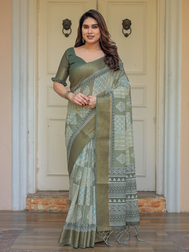 Sage Green Traditional Printed Handloom Cotton Saree with Rich Zari Border & Heritage Pallu