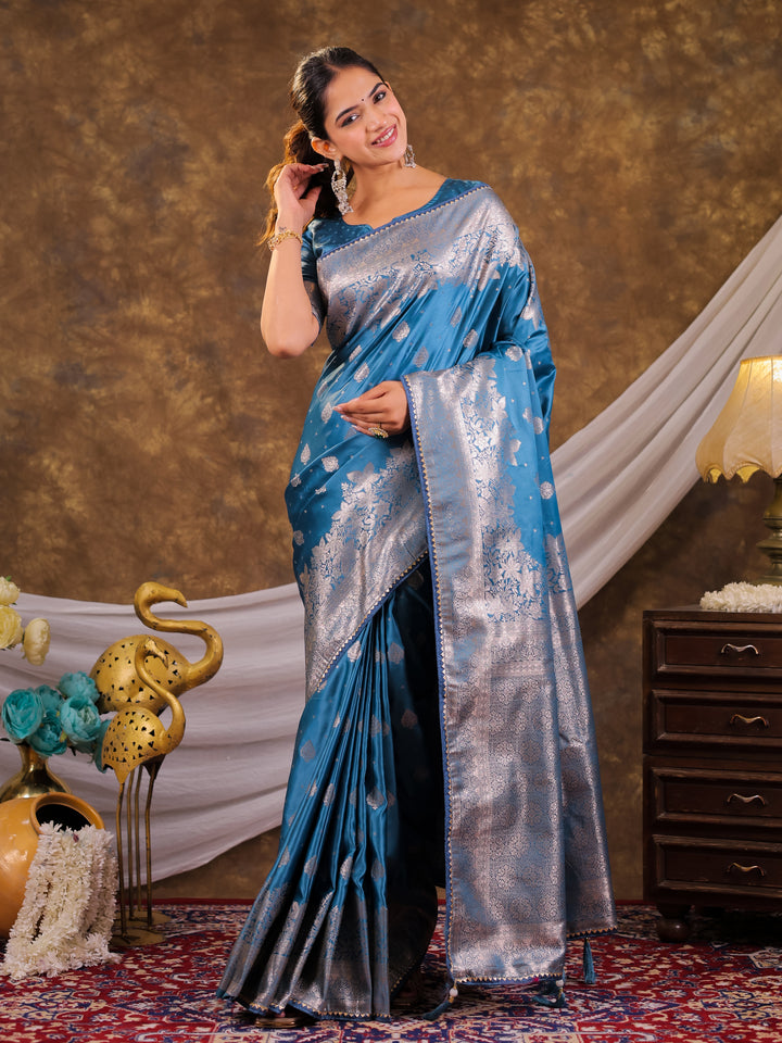Sky Blue Kanjivaram Banarasi Satin Silk Saree with Silver Zari Weaving, Floral Woven Border, Rich Designer Pallu & Tassels