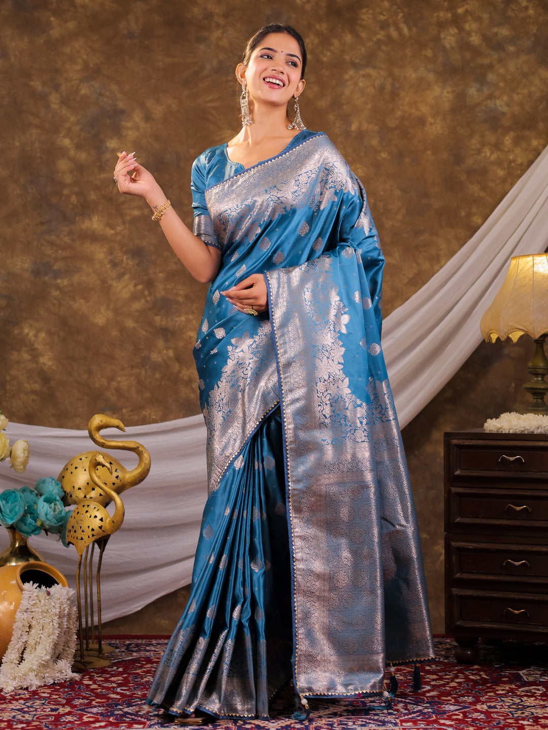 Sky Blue Kanjivaram Banarasi Satin Silk Saree with Silver Zari Weaving, Floral Woven Border, Rich Designer Pallu & Tassels