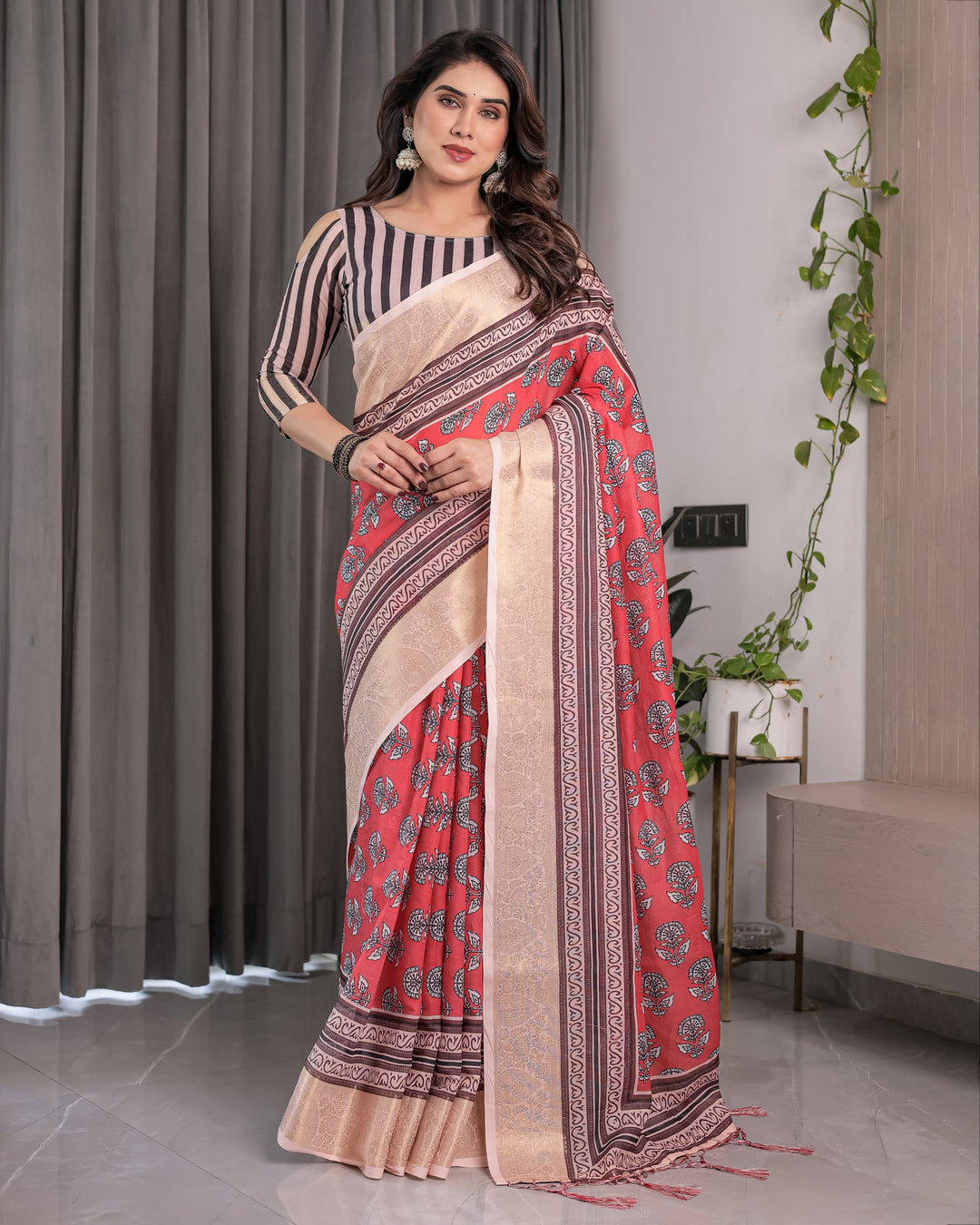 Rust Red Handloom Cotton Linen Saree with Black Floral Buti Print & Zari Border | Ethnic Striped Blouse | 5.5m Saree + 0.8m Blouse Piece