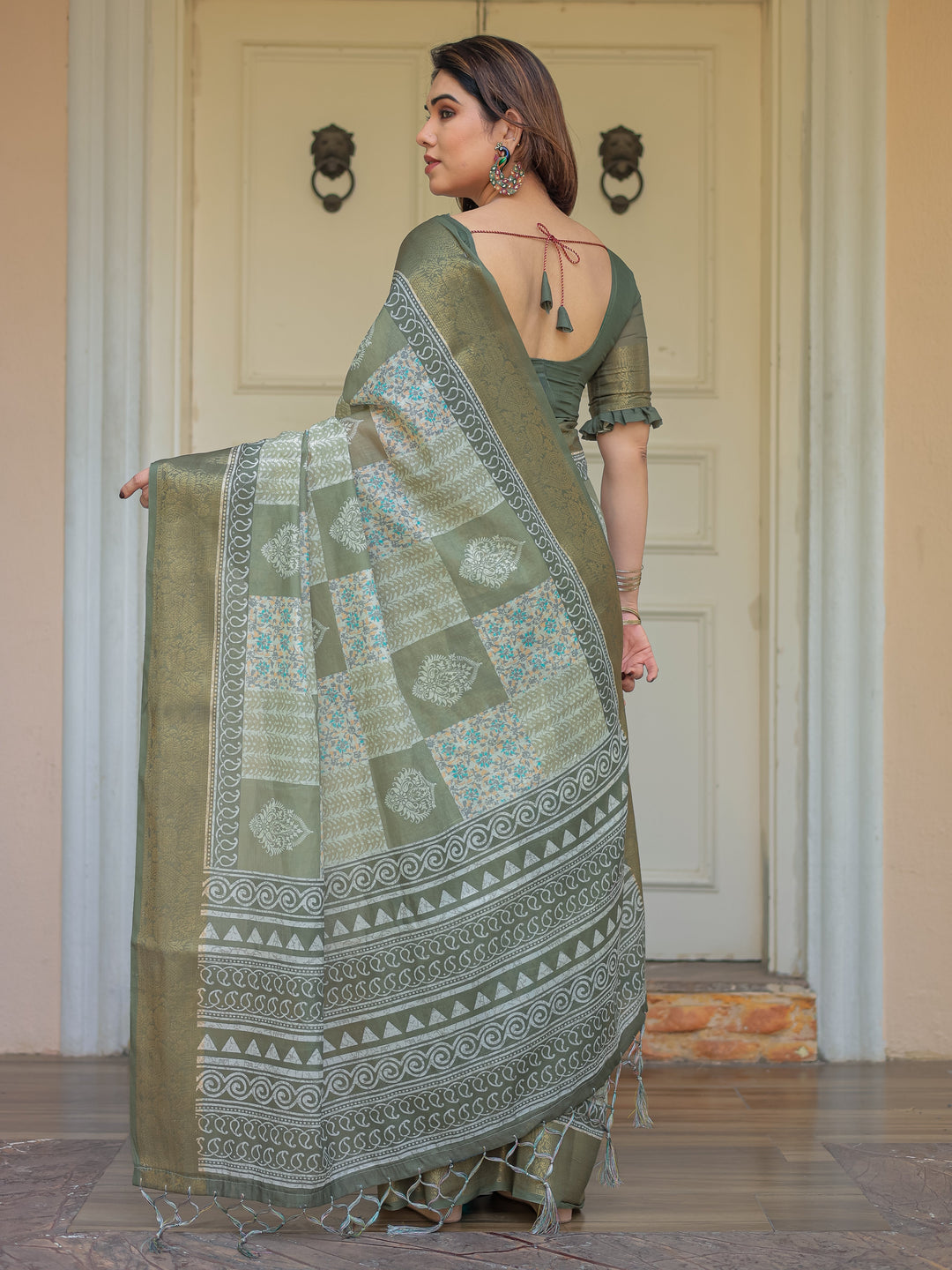 Sage Green Traditional Printed Handloom Cotton Saree with Rich Zari Border & Heritage Pallu
