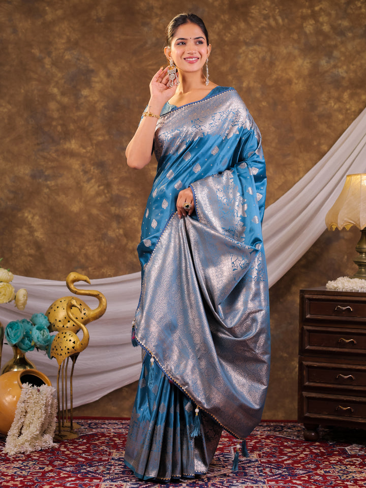 Sky Blue Kanjivaram Banarasi Satin Silk Saree with Silver Zari Weaving, Floral Woven Border, Rich Designer Pallu & Tassels