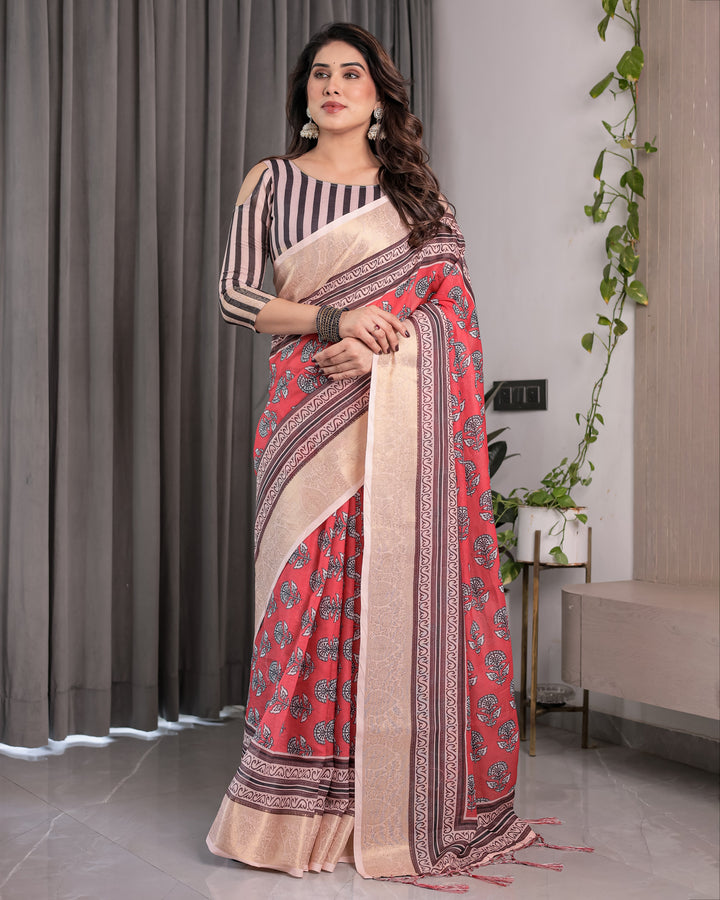 Rust Red Handloom Cotton Linen Saree with Black Floral Buti Print & Zari Border | Ethnic Striped Blouse | 5.5m Saree + 0.8m Blouse Piece