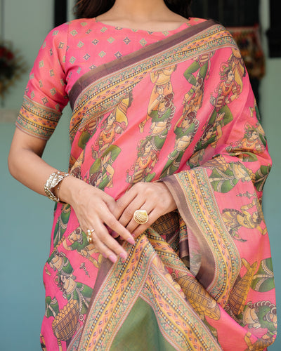 Coral Pink Handloom Cotton Saree with Traditional Folk Procession Print & Classical Dance Pallu