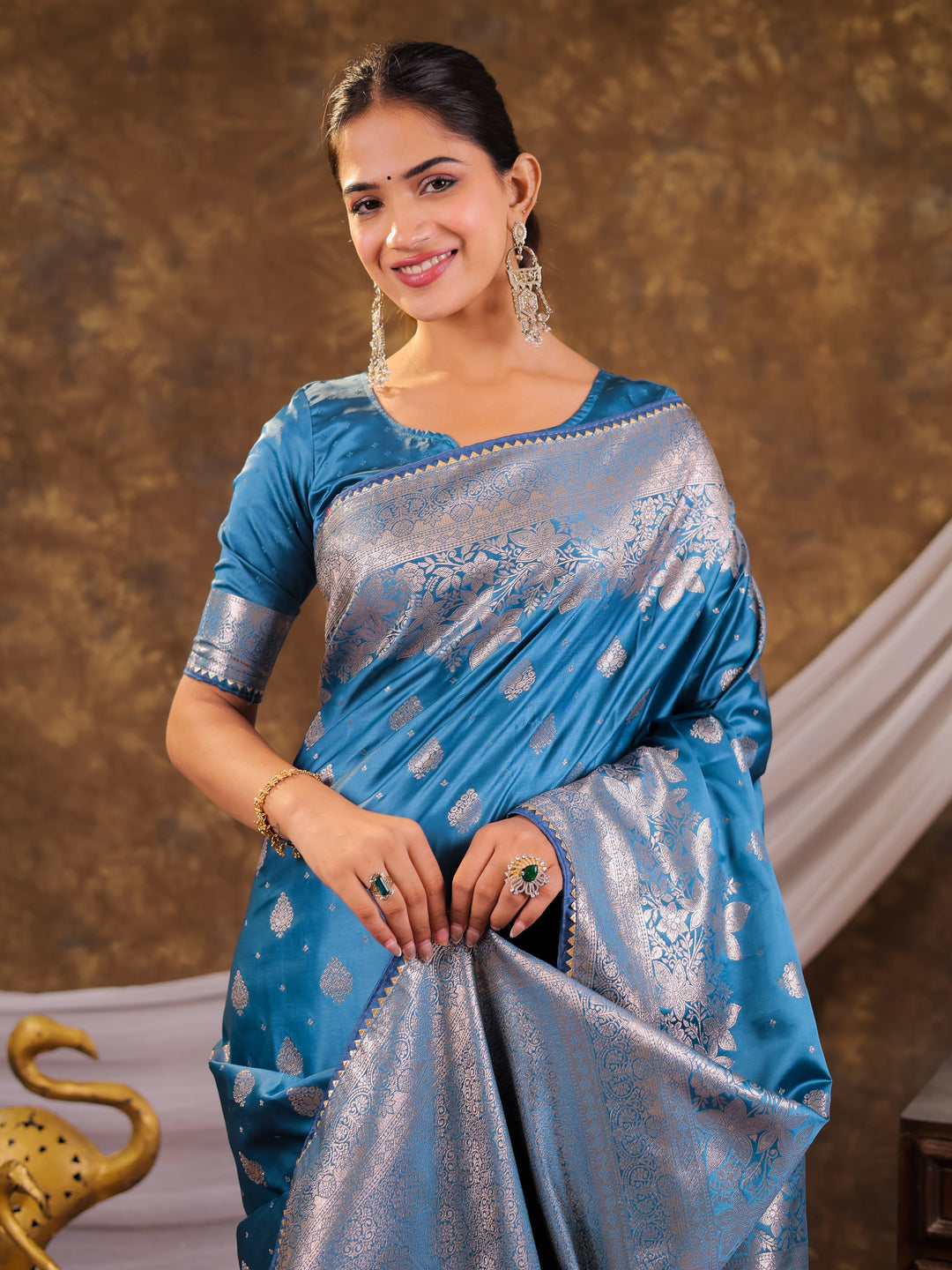 Sky Blue Kanjivaram Banarasi Satin Silk Saree with Silver Zari Weaving, Floral Woven Border, Rich Designer Pallu & Tassels