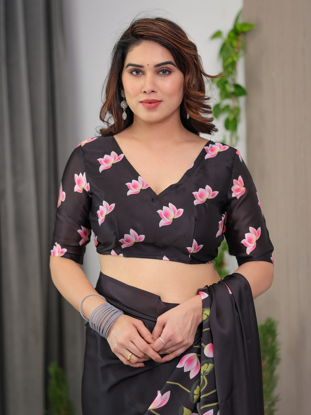 Black Satin Georgette Lotus Floral Printed Saree with Attached Blouse – Elegant Designer Saree for Festive & Evening Wear