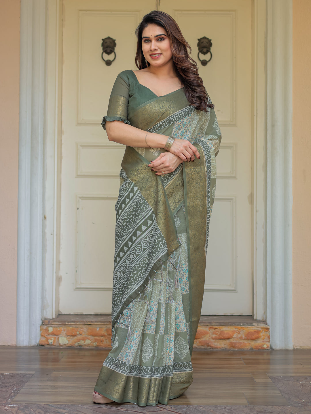 Sage Green Traditional Printed Handloom Cotton Saree with Rich Zari Border & Heritage Pallu