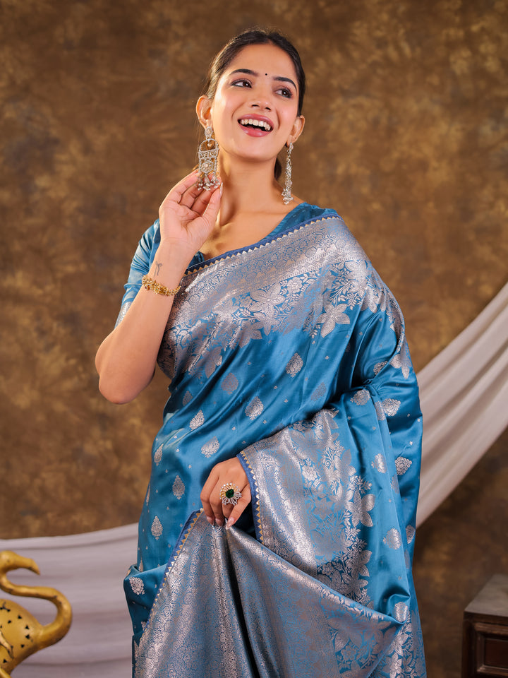 Sky Blue Kanjivaram Banarasi Satin Silk Saree with Silver Zari Weaving, Floral Woven Border, Rich Designer Pallu & Tassels