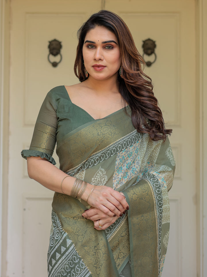 Sage Green Traditional Printed Handloom Cotton Saree with Rich Zari Border & Heritage Pallu