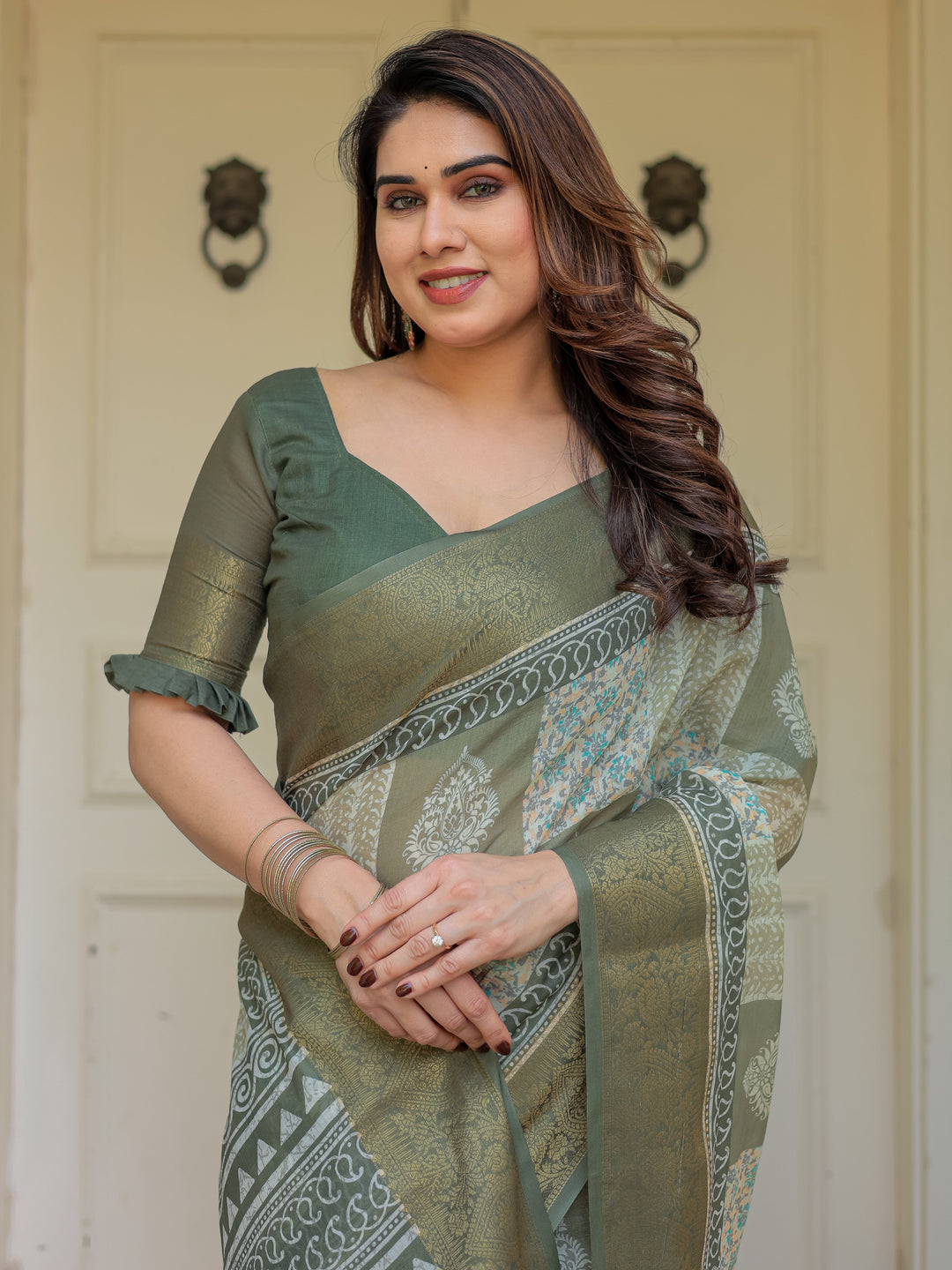 Sage Green Traditional Printed Handloom Cotton Saree with Rich Zari Border & Heritage Pallu