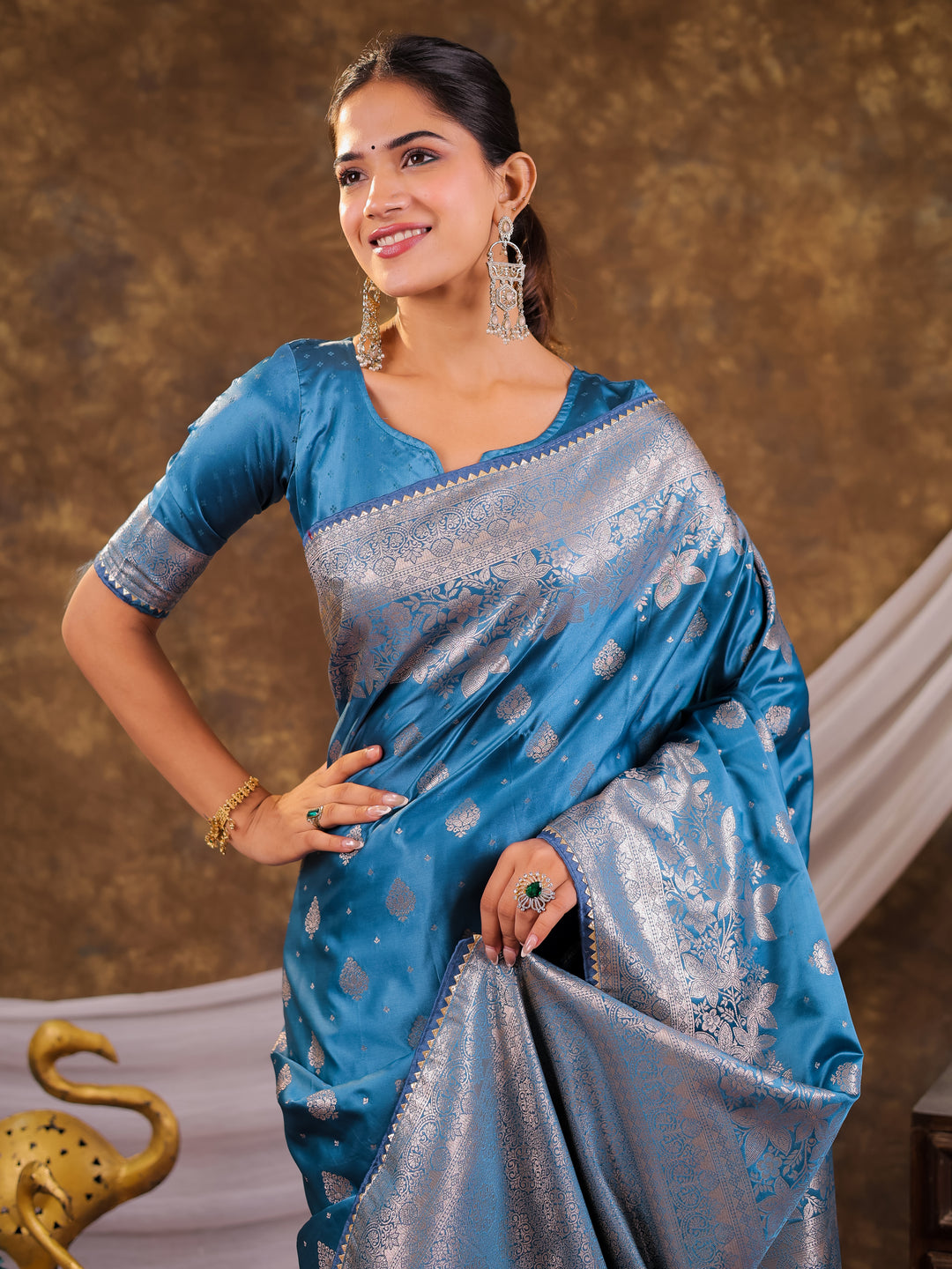 Sky Blue Kanjivaram Banarasi Satin Silk Saree with Silver Zari Weaving, Floral Woven Border, Rich Designer Pallu & Tassels