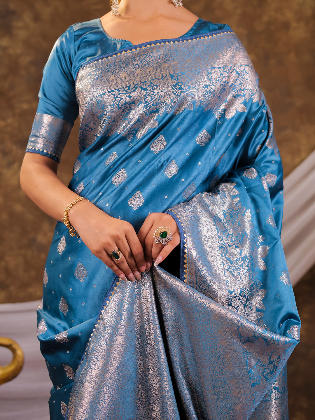 Sky Blue Kanjivaram Banarasi Satin Silk Saree with Silver Zari Weaving, Floral Woven Border, Rich Designer Pallu & Tassels