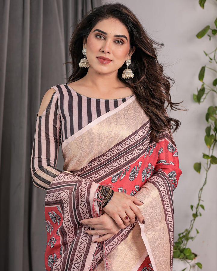 Rust Red Handloom Cotton Linen Saree with Black Floral Buti Print & Zari Border | Ethnic Striped Blouse | 5.5m Saree + 0.8m Blouse Piece