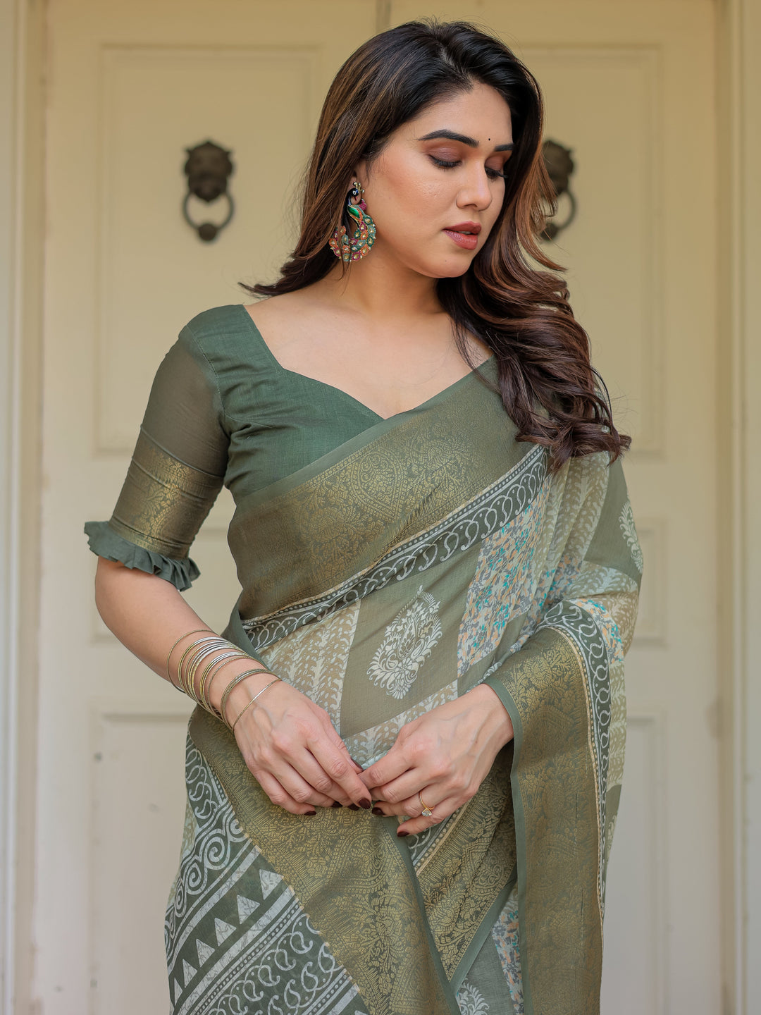 Sage Green Traditional Printed Handloom Cotton Saree with Rich Zari Border & Heritage Pallu