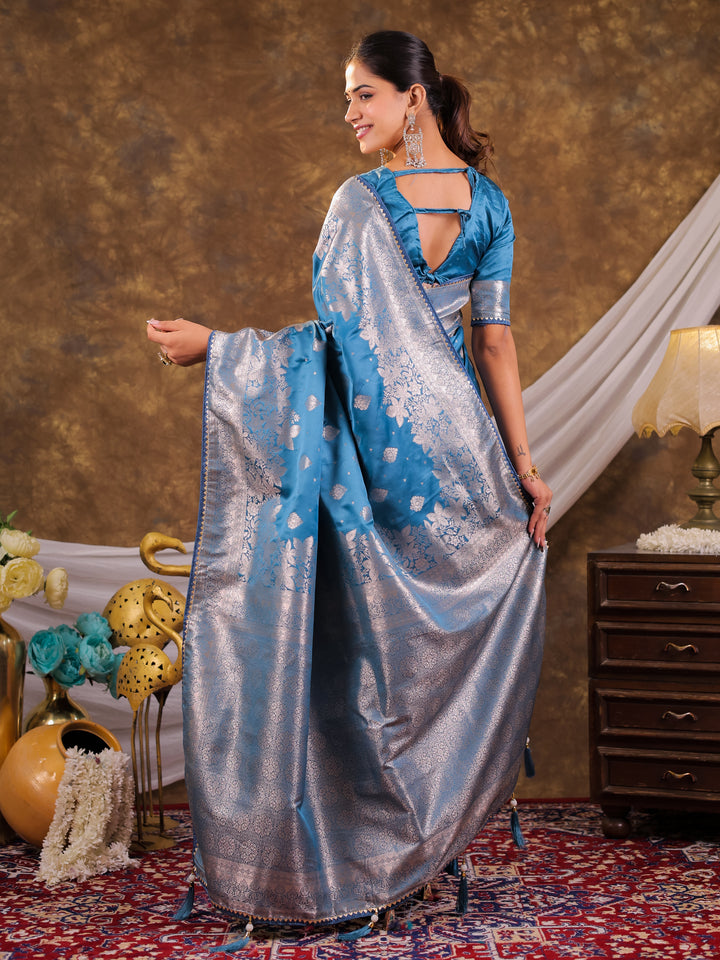 Sky Blue Kanjivaram Banarasi Satin Silk Saree with Silver Zari Weaving, Floral Woven Border, Rich Designer Pallu & Tassels