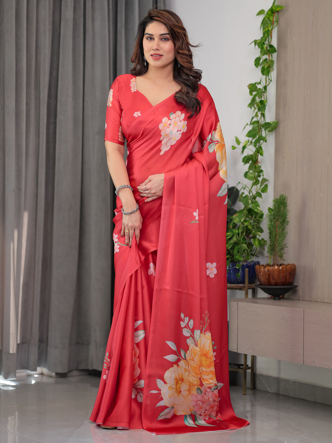 Coral Red Satin Georgette Floral Printed Saree with Attached Blouse – Elegant Designer Saree for Festive & Party Wear