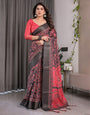 Crimson Red & Black Handloom Linen Saree with Traditional Paisley & Floral Buti Print | Antique Zari Border | 5.5m Saree + 0.8m Blouse