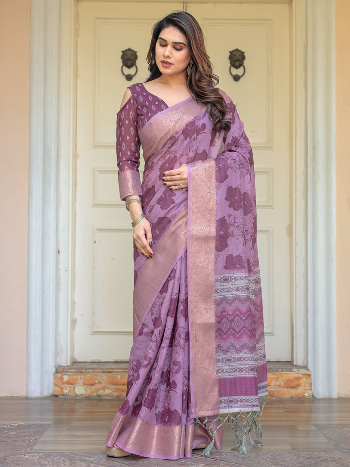Wine Purple Handloom Cotton Floral Printed Saree with Zari Border & Tassels – Traditional Festive Wear