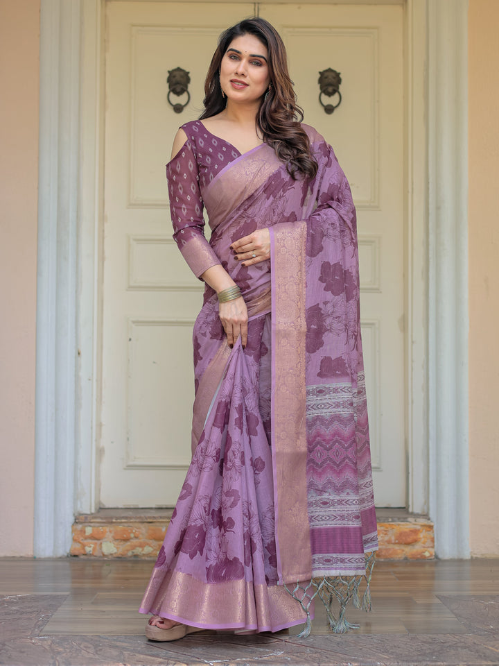 Wine Purple Handloom Cotton Floral Printed Saree with Zari Border & Tassels – Traditional Festive Wear