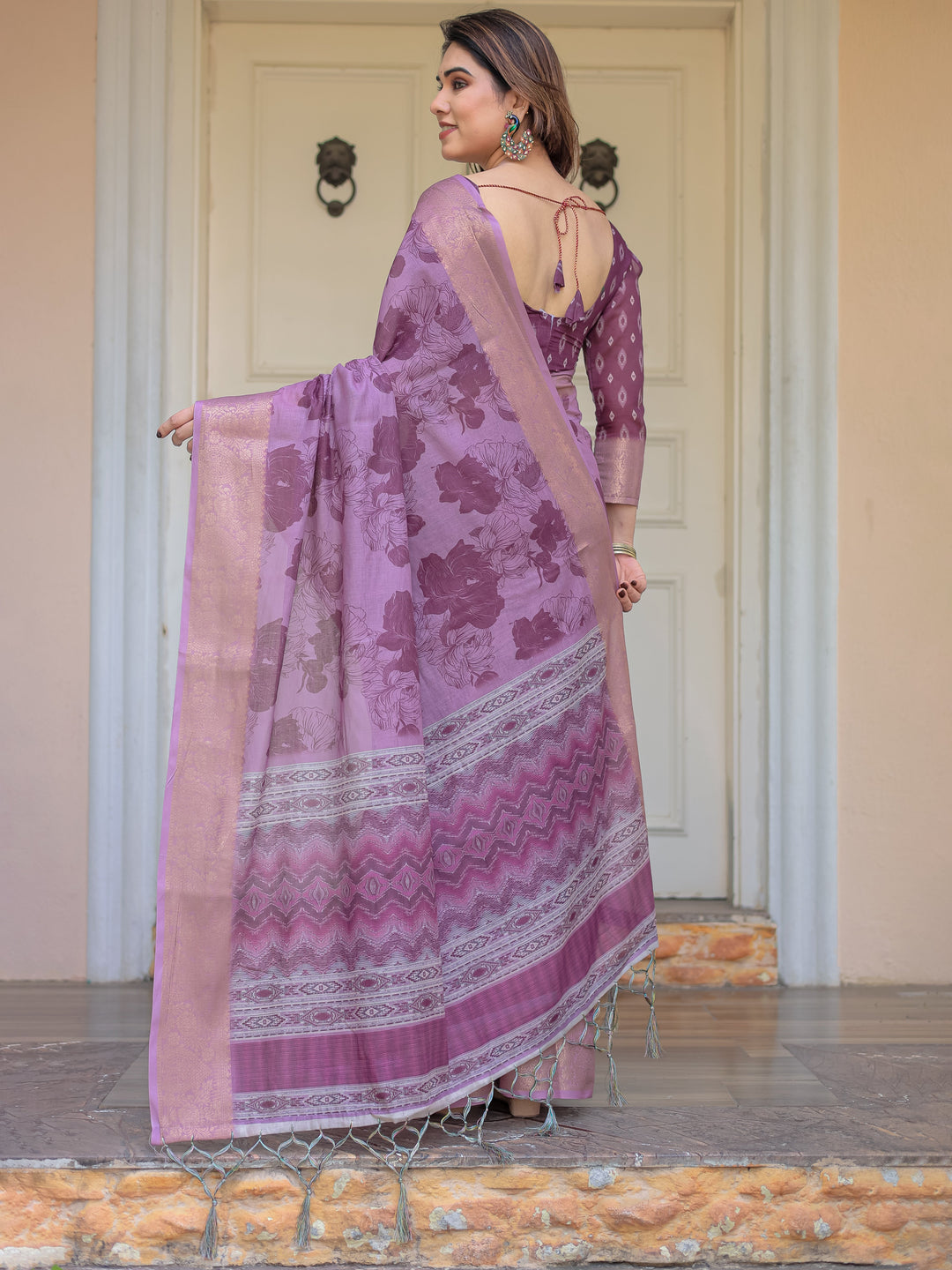 Wine Purple Handloom Cotton Floral Printed Saree with Zari Border & Tassels – Traditional Festive Wear
