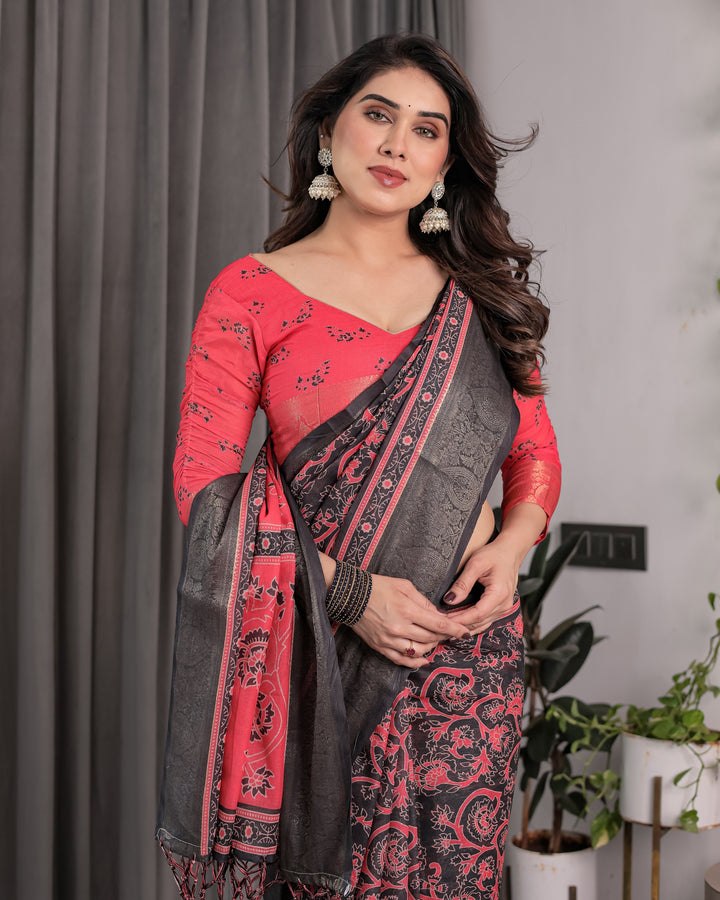 Crimson Red & Black Handloom Linen Saree with Traditional Paisley & Floral Buti Print | Antique Zari Border | 5.5m Saree + 0.8m Blouse