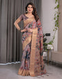 Dusty Mauve Saree with Madhubani Fish Motifs & Antique Zari Border | Cultural Art Digital Print | 5.5m Saree + 0.8m Blouse Piece