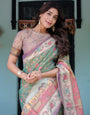 Green Lavender Handloom Cotton Saree with Floral Vines & Heritage Village Pallu