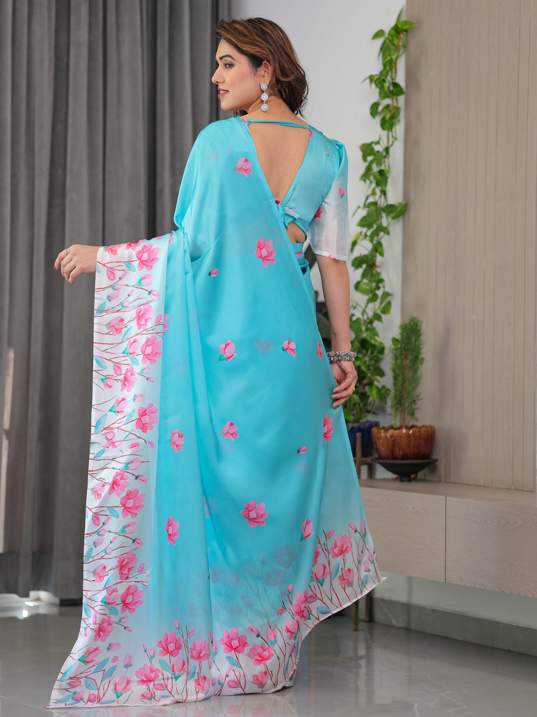 Aqua Blue Satin Georgette Pink Floral Printed Saree with Attached Blouse – Soft Pastel Designer Saree for Elegant & Festive Wear