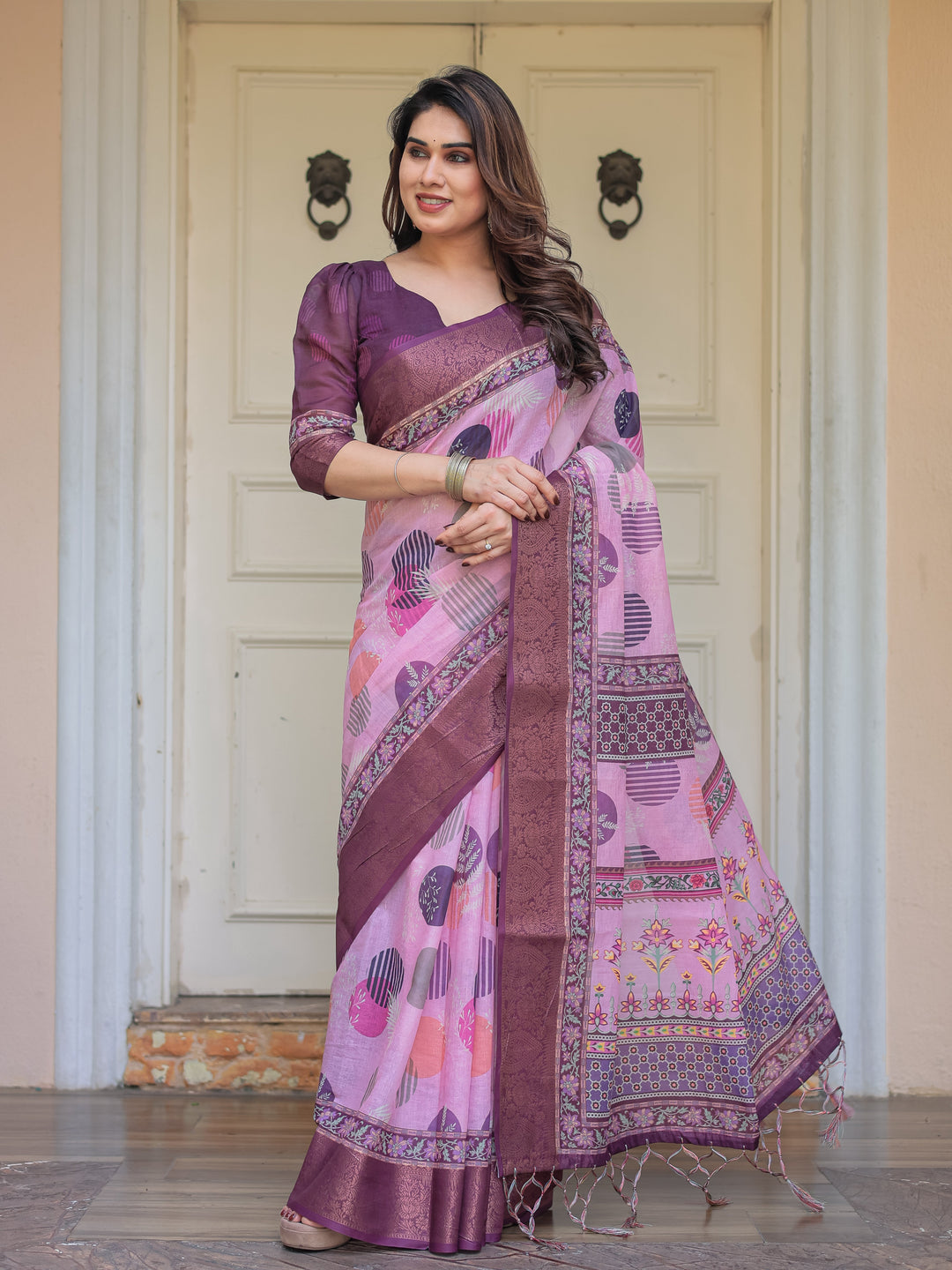 Dusty Pink & Plum Handloom Cotton Printed Saree with Zari Border & Tassels – Ethnic Traditional Wear
