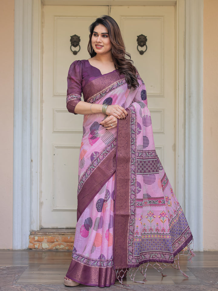 Dusty Pink & Plum Handloom Cotton Printed Saree with Zari Border & Tassels – Ethnic Traditional Wear