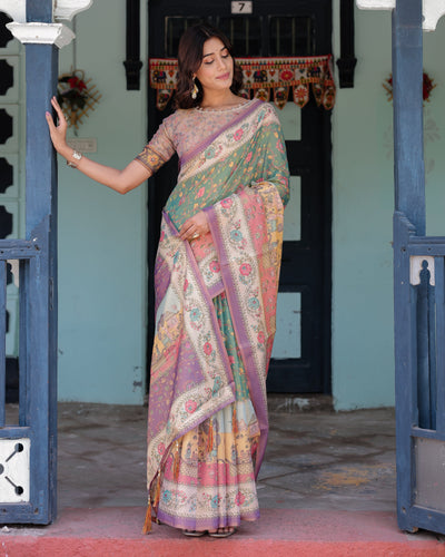Green Lavender Handloom Cotton Saree with Floral Vines & Heritage Village Pallu