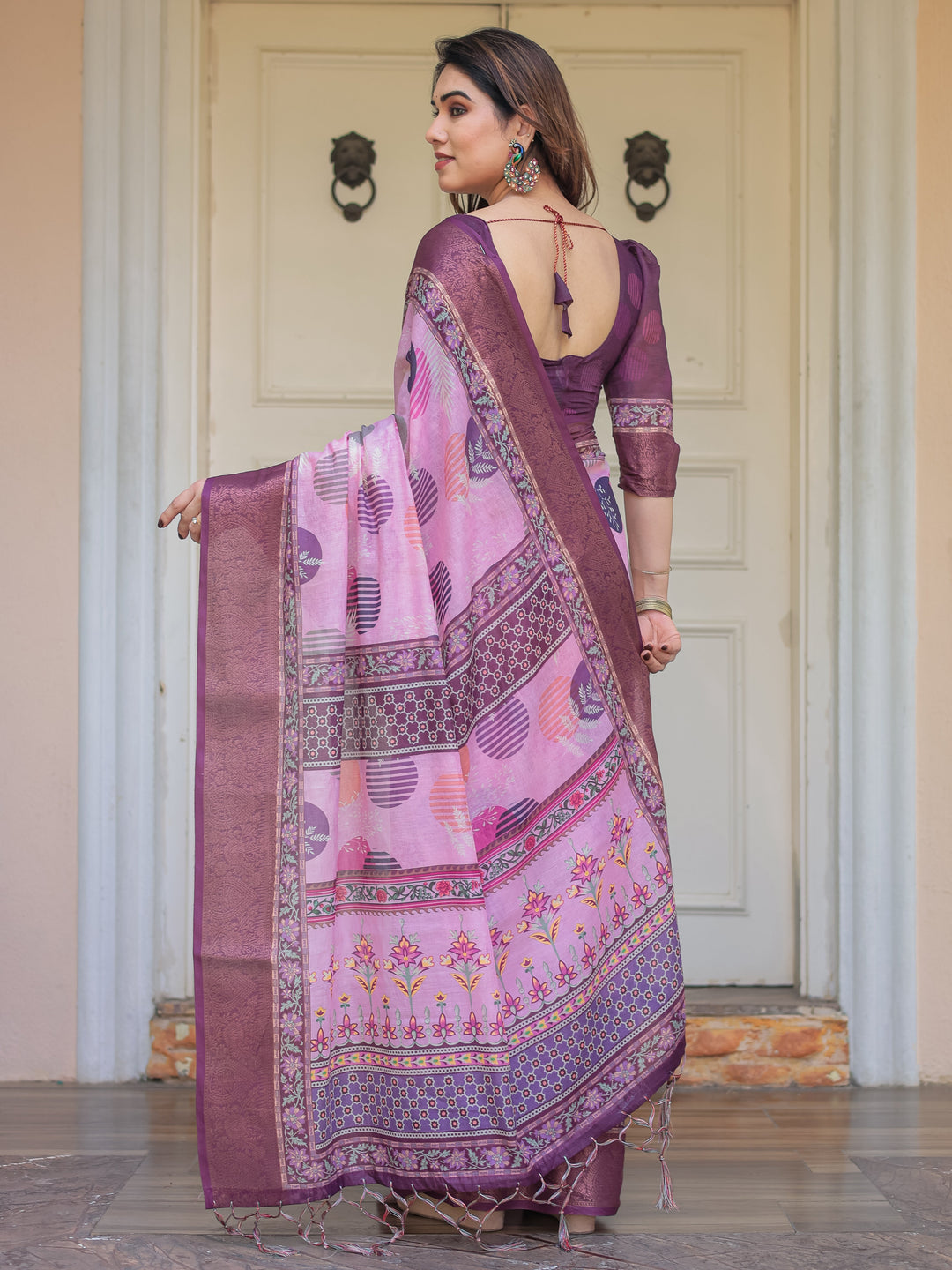 Dusty Pink & Plum Handloom Cotton Printed Saree with Zari Border & Tassels – Ethnic Traditional Wear