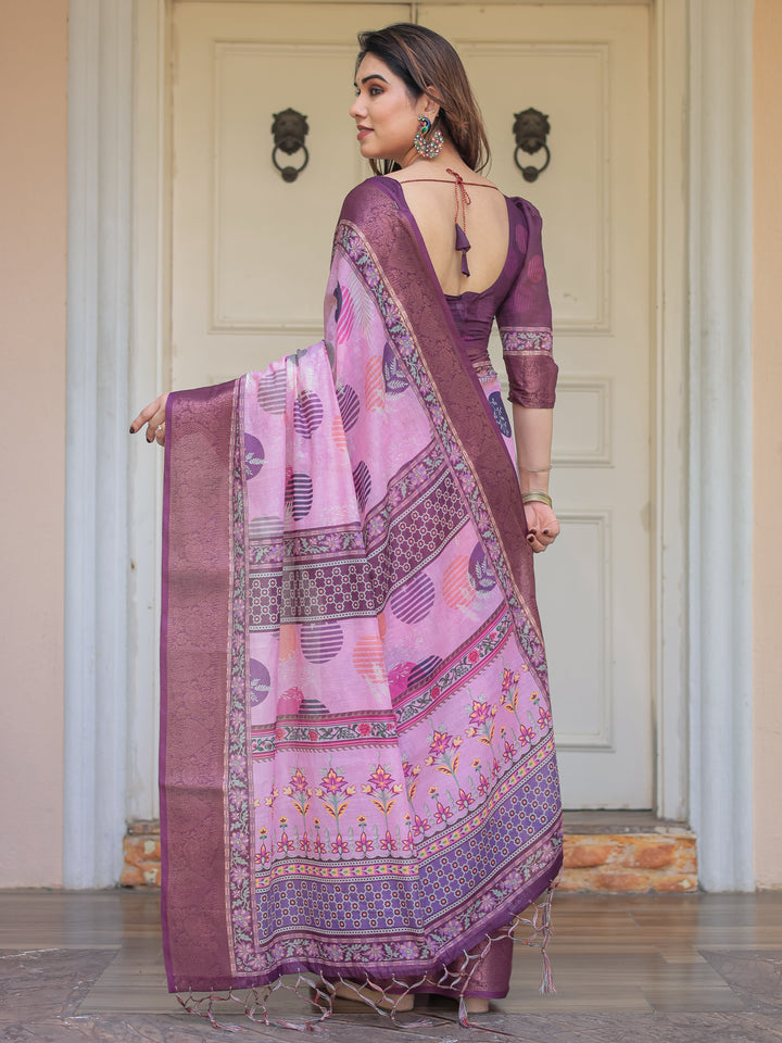 Dusty Pink & Plum Handloom Cotton Printed Saree with Zari Border & Tassels – Ethnic Traditional Wear