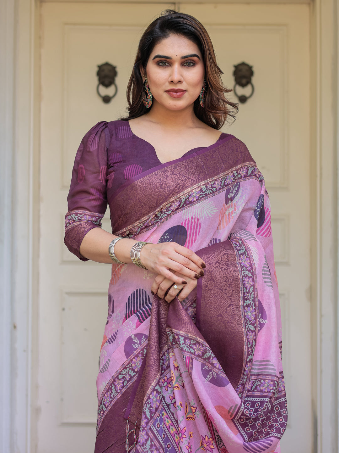 Dusty Pink & Plum Handloom Cotton Printed Saree with Zari Border & Tassels – Ethnic Traditional Wear